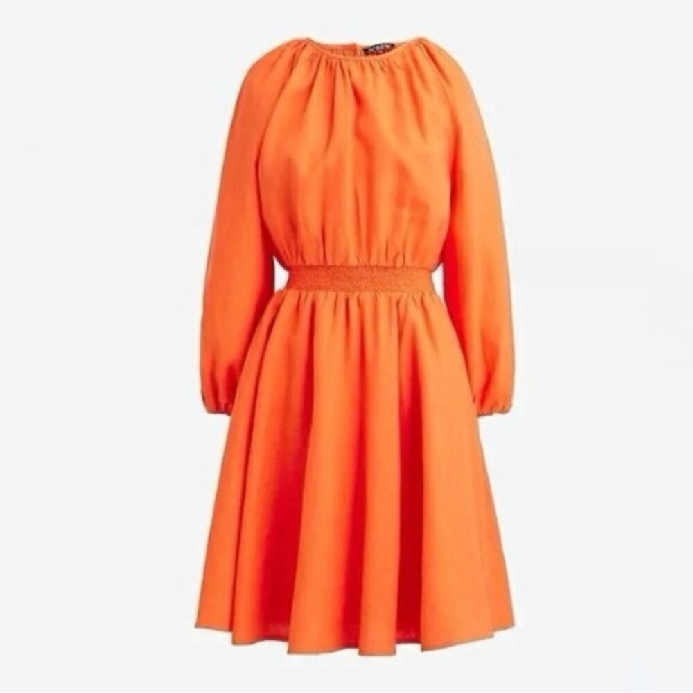J. Crew Dress Palermo Smocked Waist Linen Mini Fit and Flare Orange Large Preppy